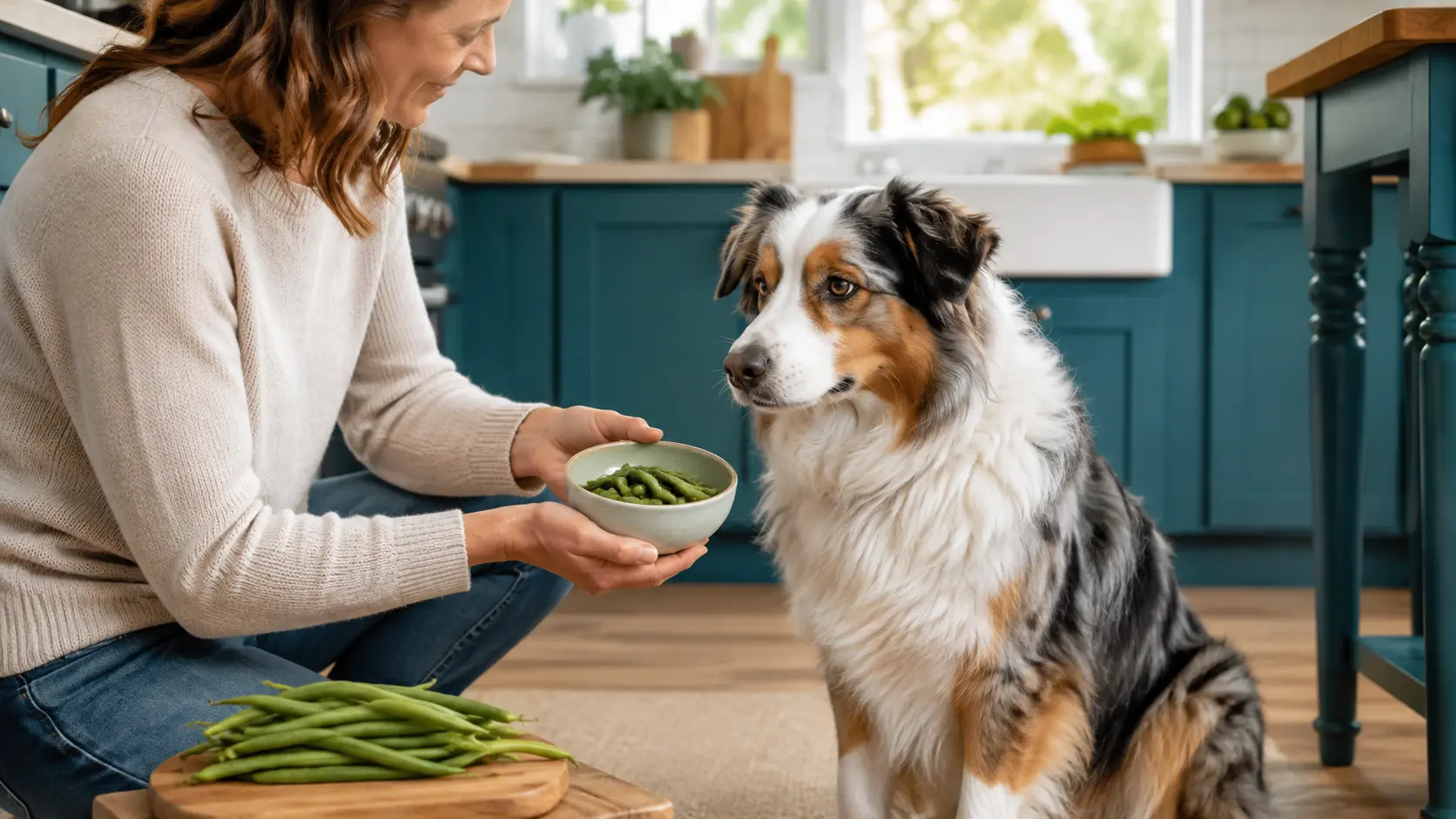 Australian Shepherd davanti a fagiolini semplici preparati per il cane