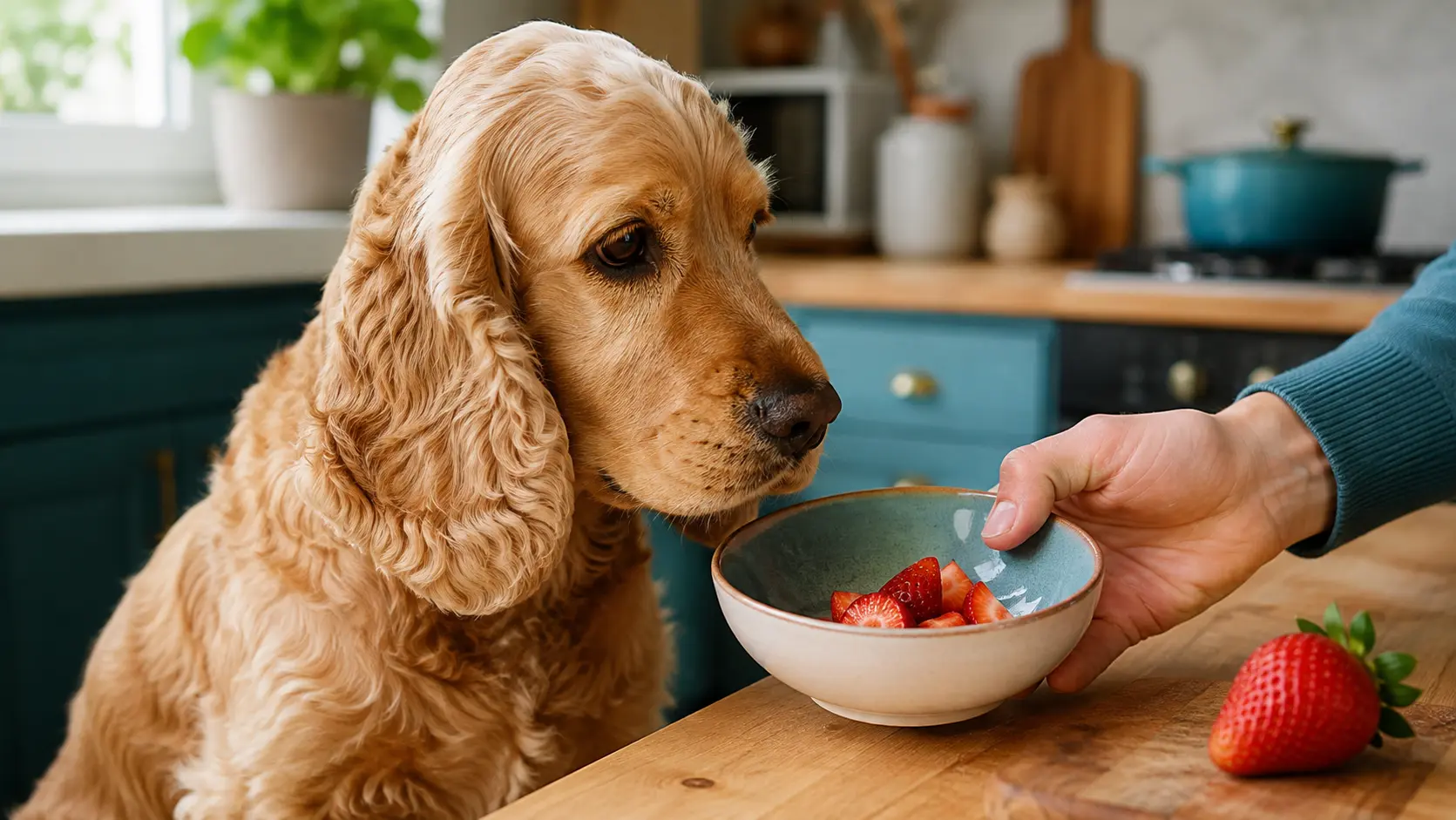 Cocker Spaniel davanti a fragole lavate e tagliate per il cane