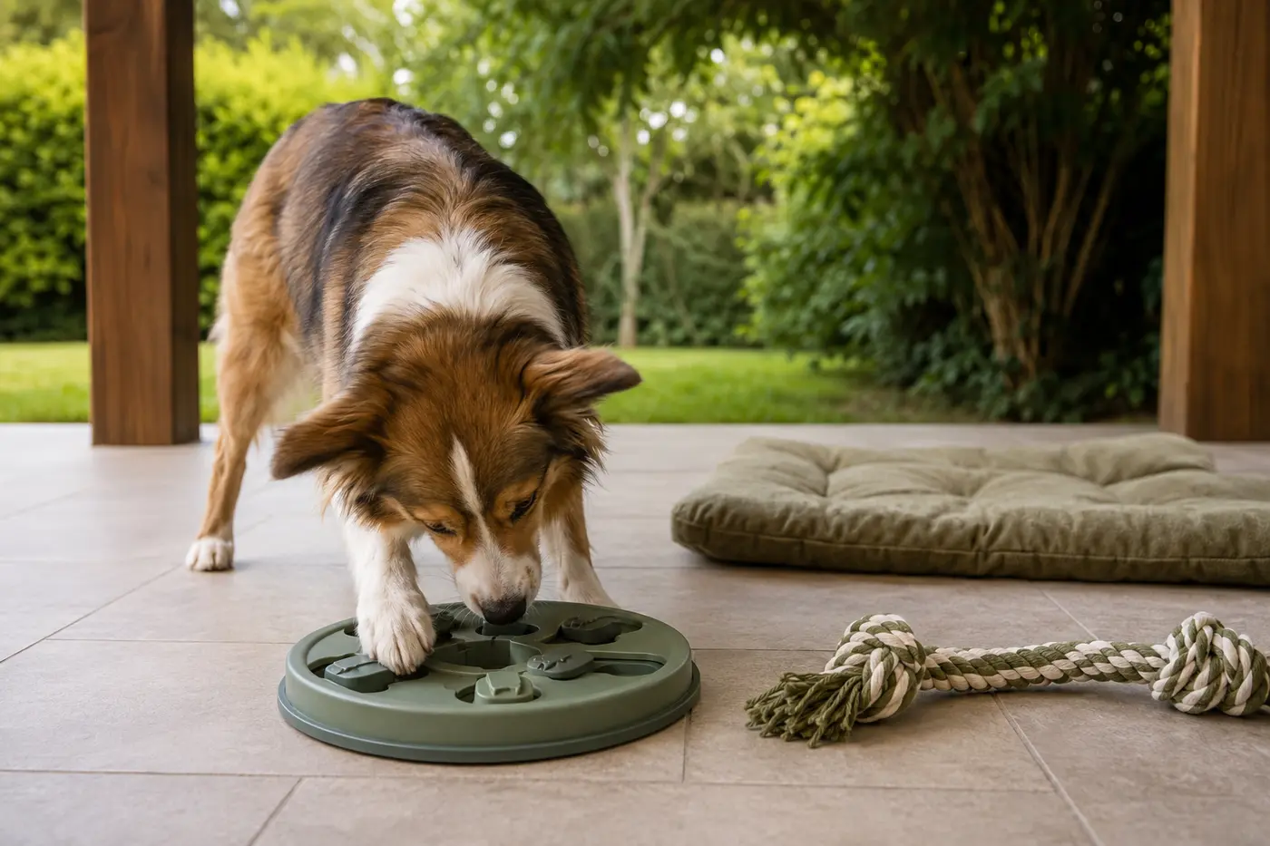 Cane impegnato con un gioco interattivo su una terrazza
