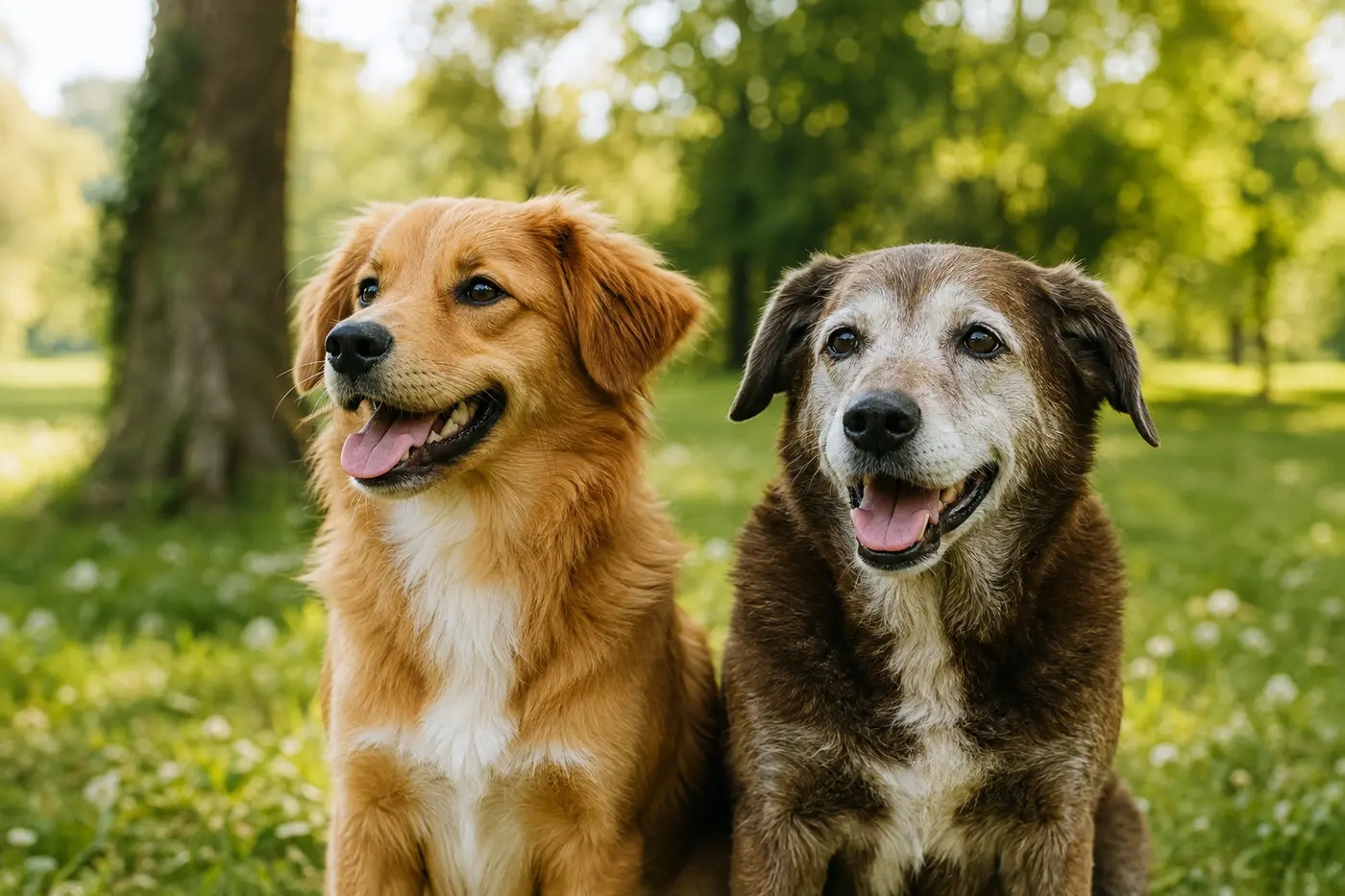 Cane adulto e cane anziano sereni insieme in un parco