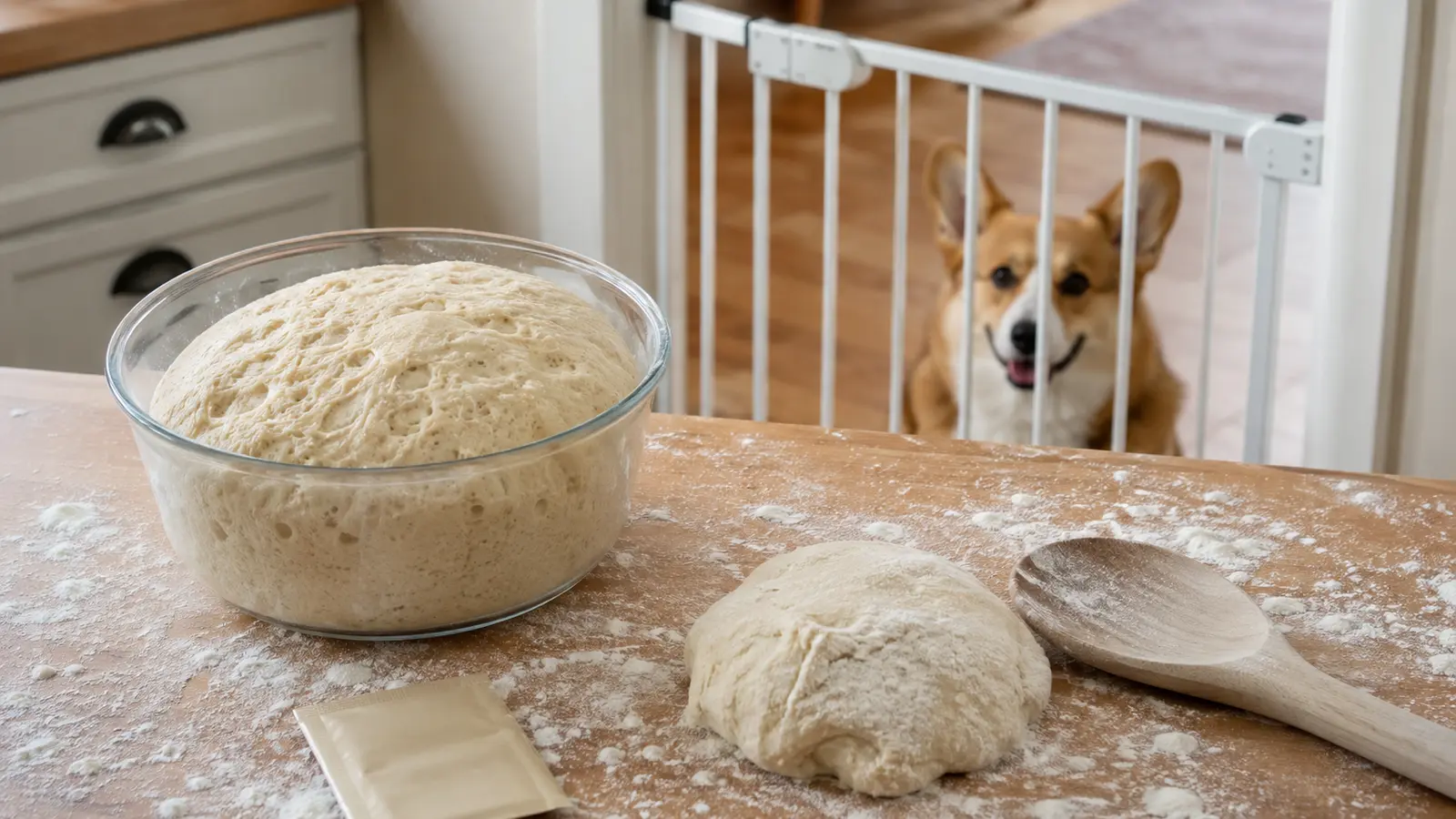 Corgi dietro un cancelletto mentre una ciotola di impasto lievitato crudo resta sul piano infarinato