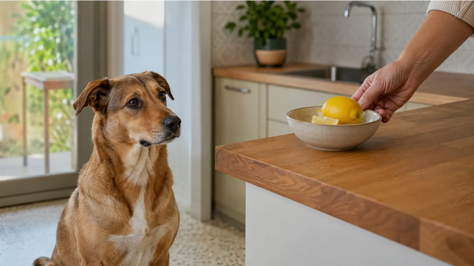 Cane osserva da lontano un limone che viene spostato fuori dalla sua portata