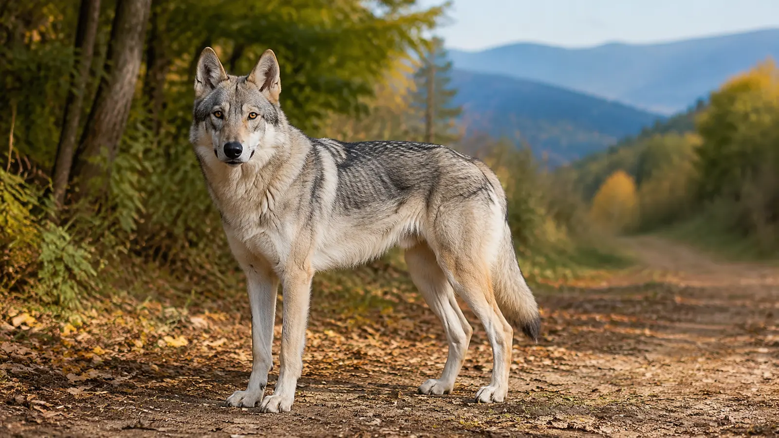 Cane lupo cecoslovacco adulto in piedi su un sentiero nel bosco