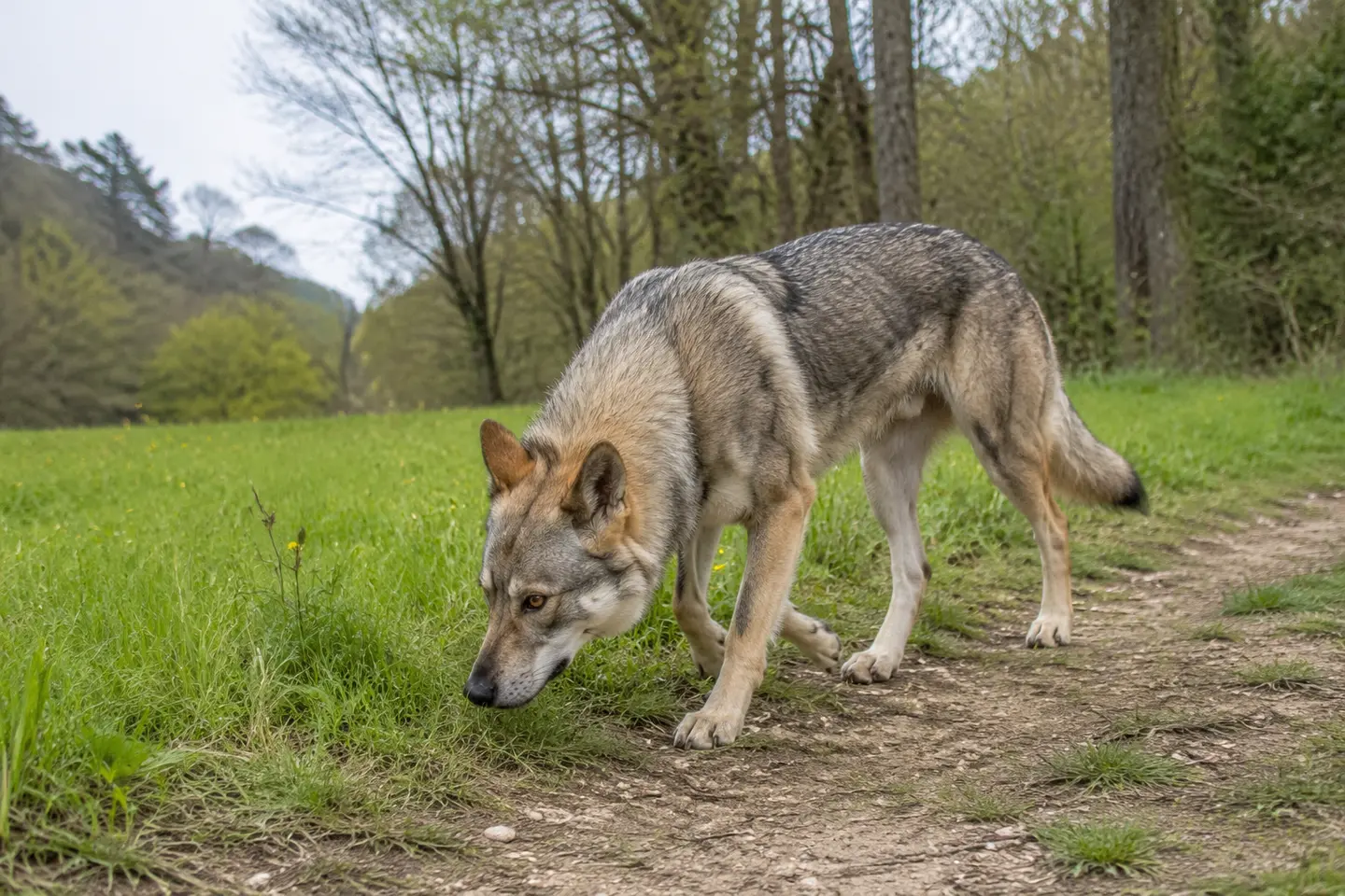 Cane lupo cecoslovacco adulto durante un’attività olfattiva all’aperto