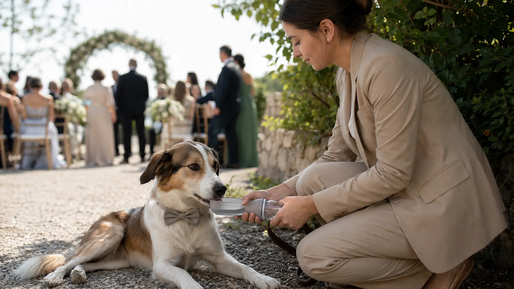 Dog sitter offre acqua a un cane durante un matrimonio all’aperto