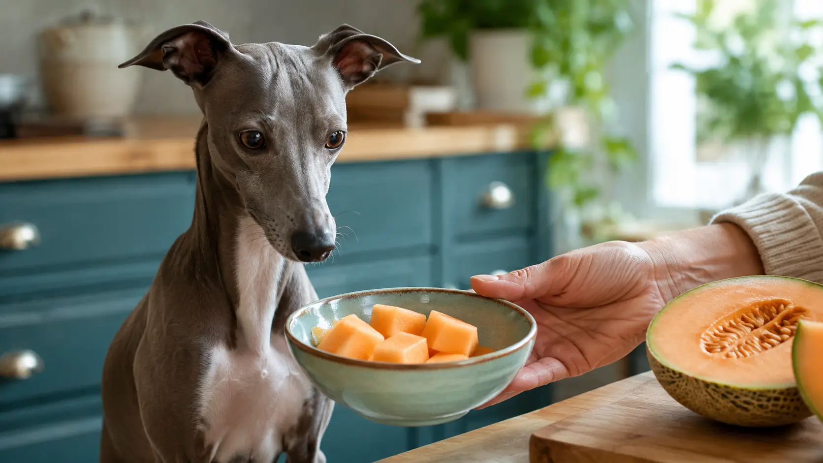 Levriero italiano davanti a una piccola porzione di melone per il cane