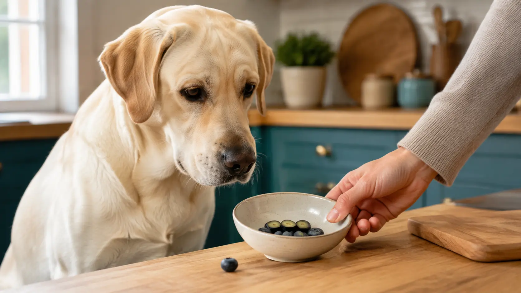 Labrador davanti a una piccola ciotola di mirtilli per il cane
