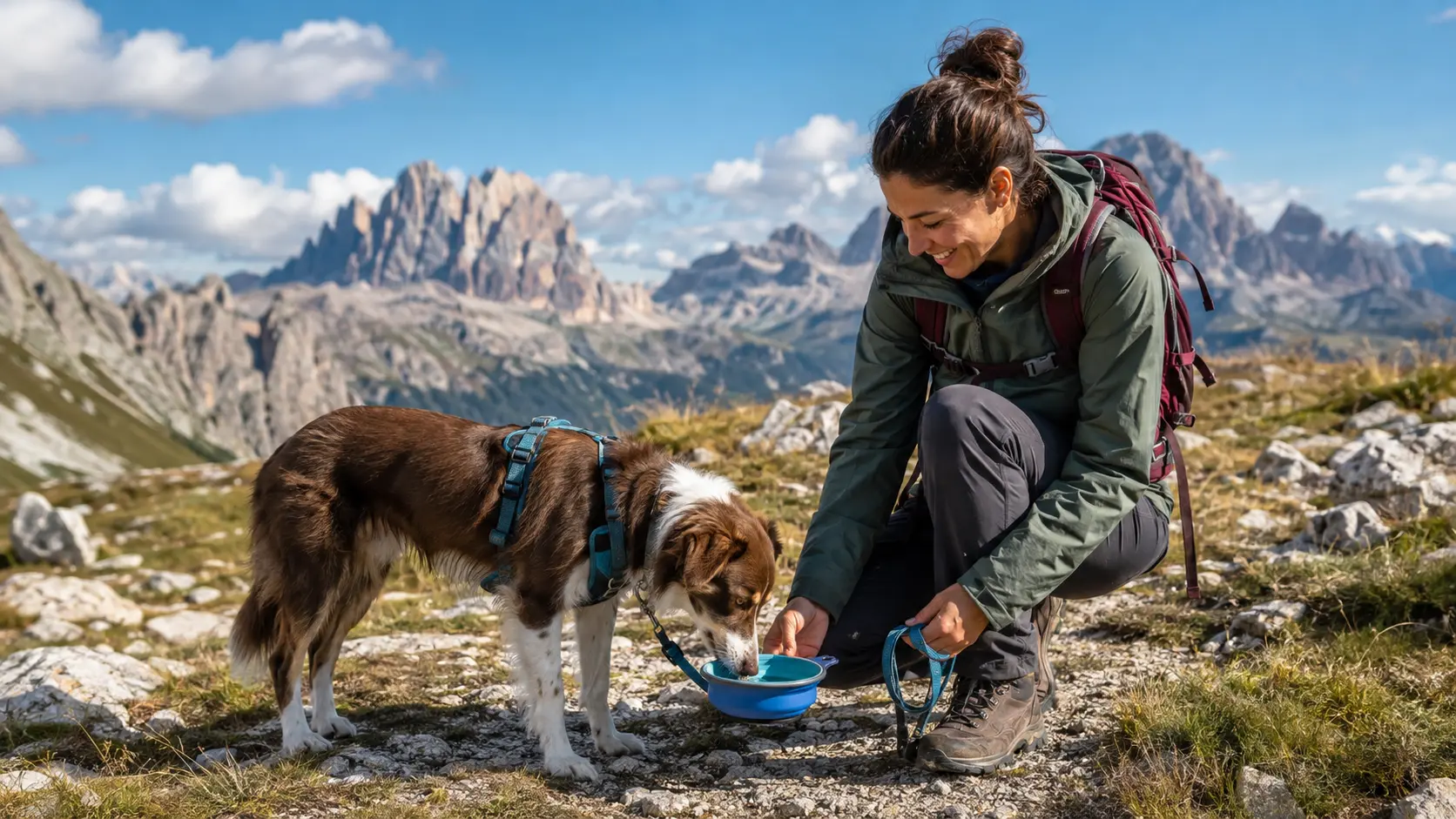 Escursionista offre acqua al cane durante una pausa sulle Dolomiti