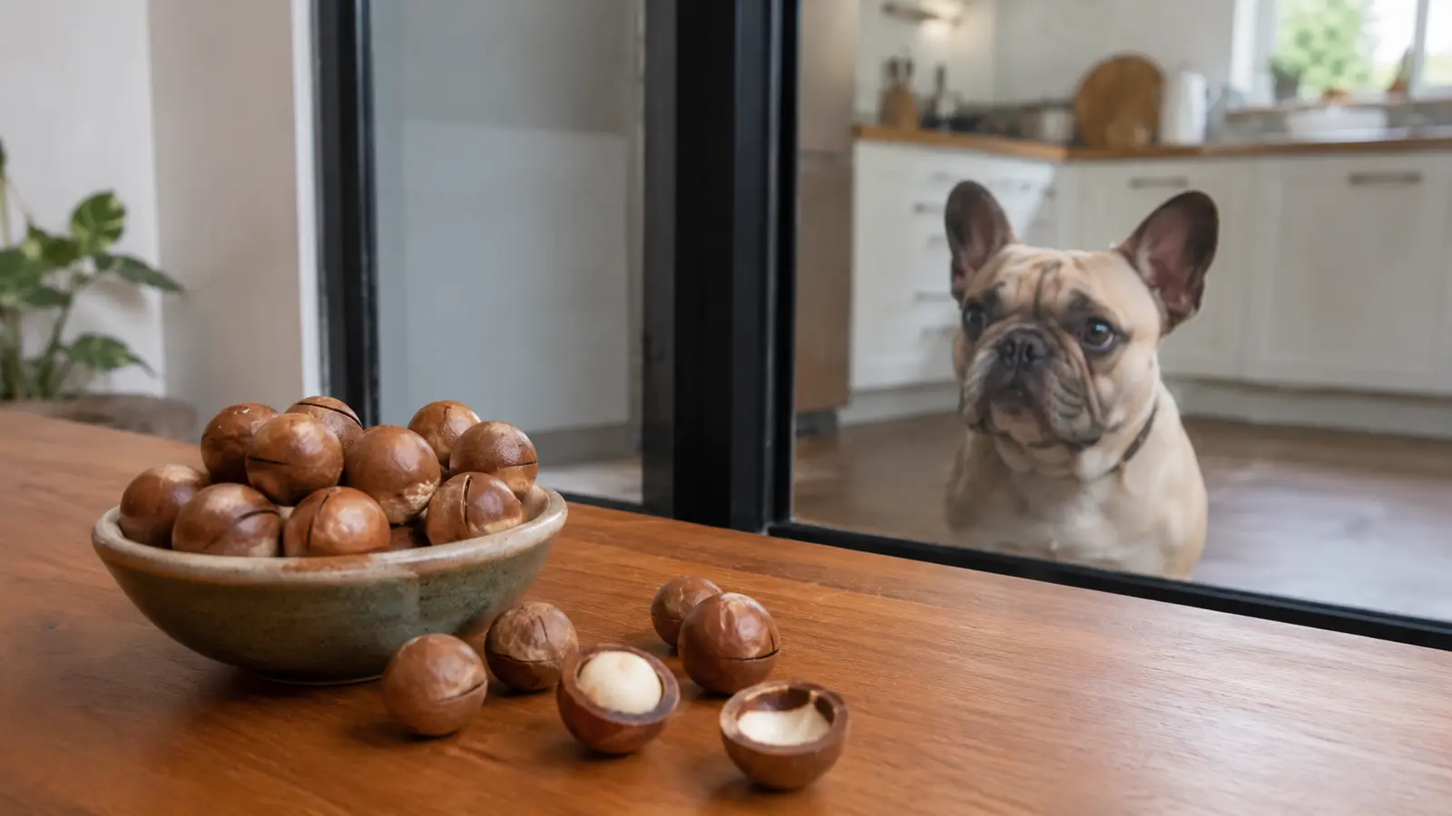 Bulldog francese dietro una porta chiusa mentre una ciotola di noci di macadamia resta sul tavolo