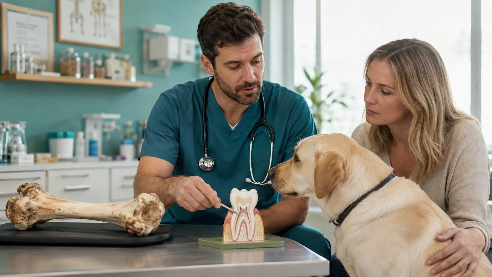 Veterinario spiega con un modello dentale i rischi delle ossa per il cane