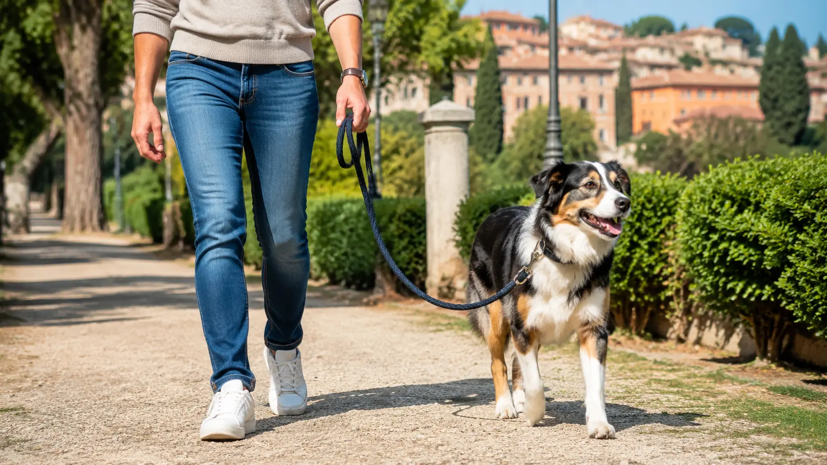 Cane condotto al guinzaglio prima dell’ingresso in un’area cani