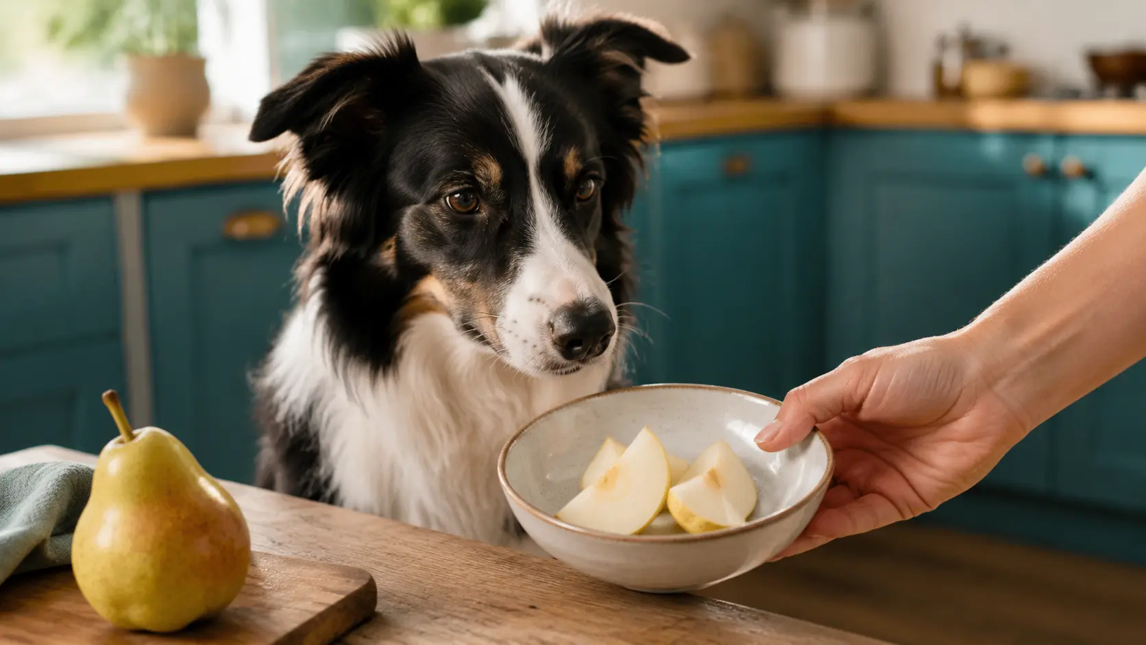 Border Collie davanti a pezzetti di pera preparati per il cane