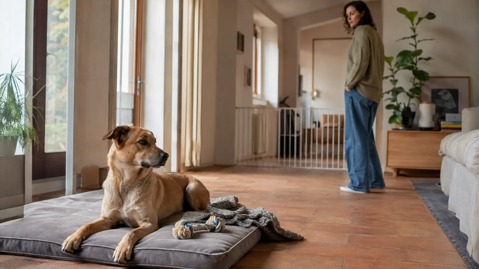 Cane sul proprio tappeto mentre una componente della famiglia rispetta la sua distanza