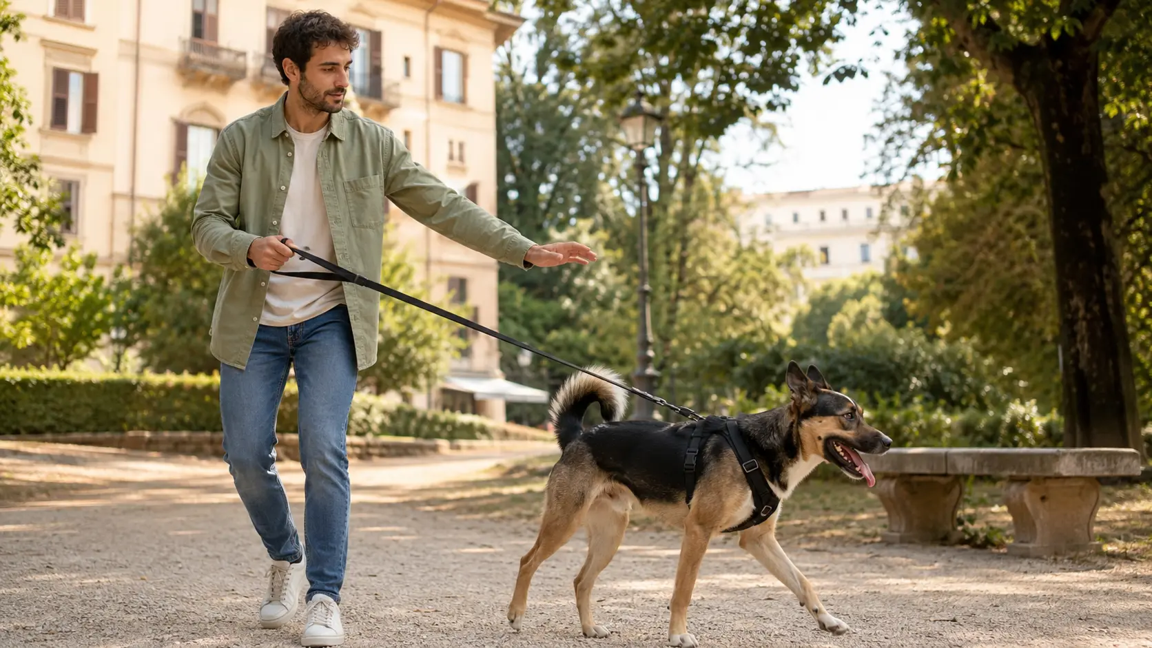Cane con pettorina tira al guinzaglio durante una passeggiata nel parco