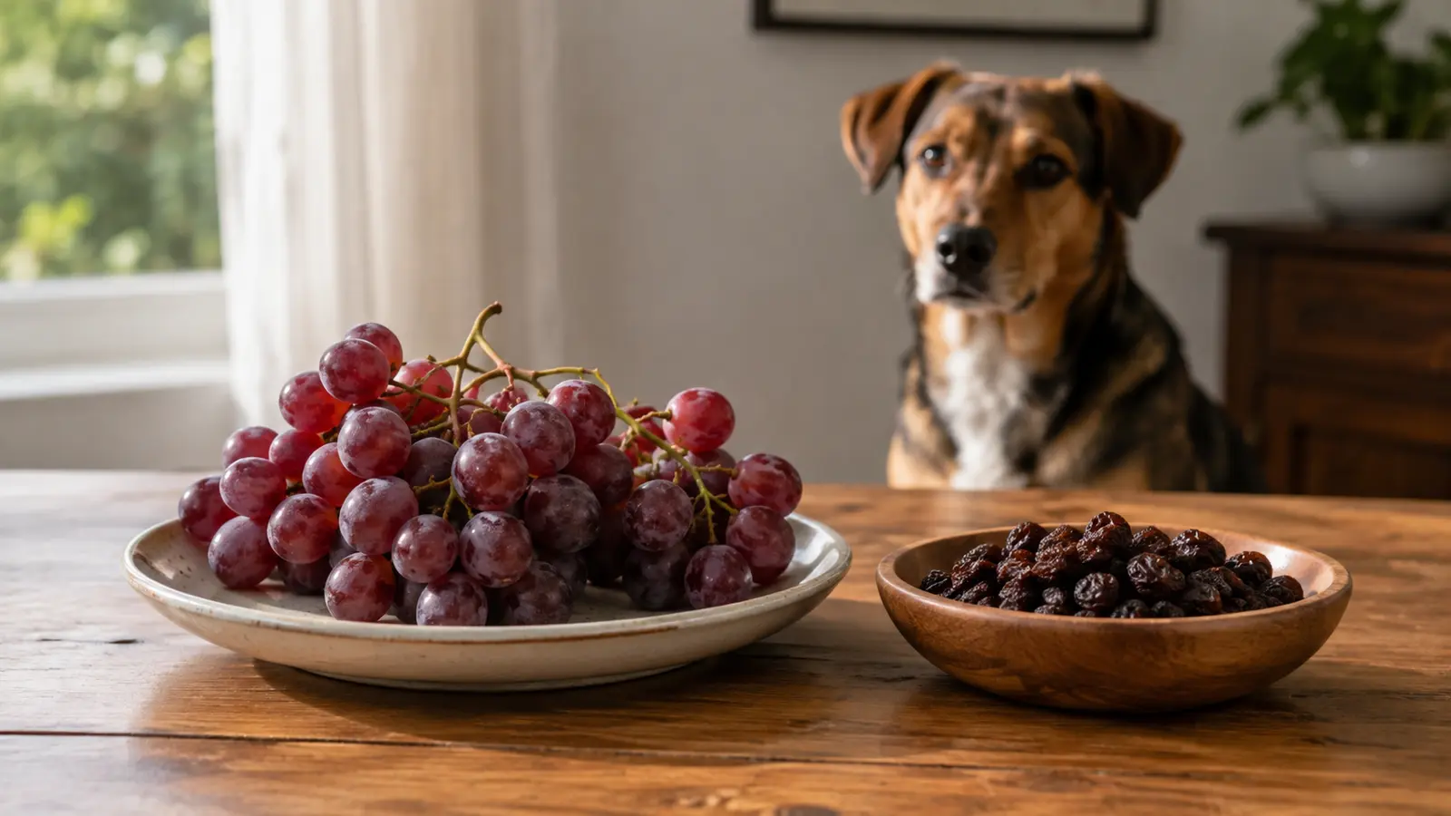 Cane tenuto a distanza da un piatto di uva e una ciotola di uvetta