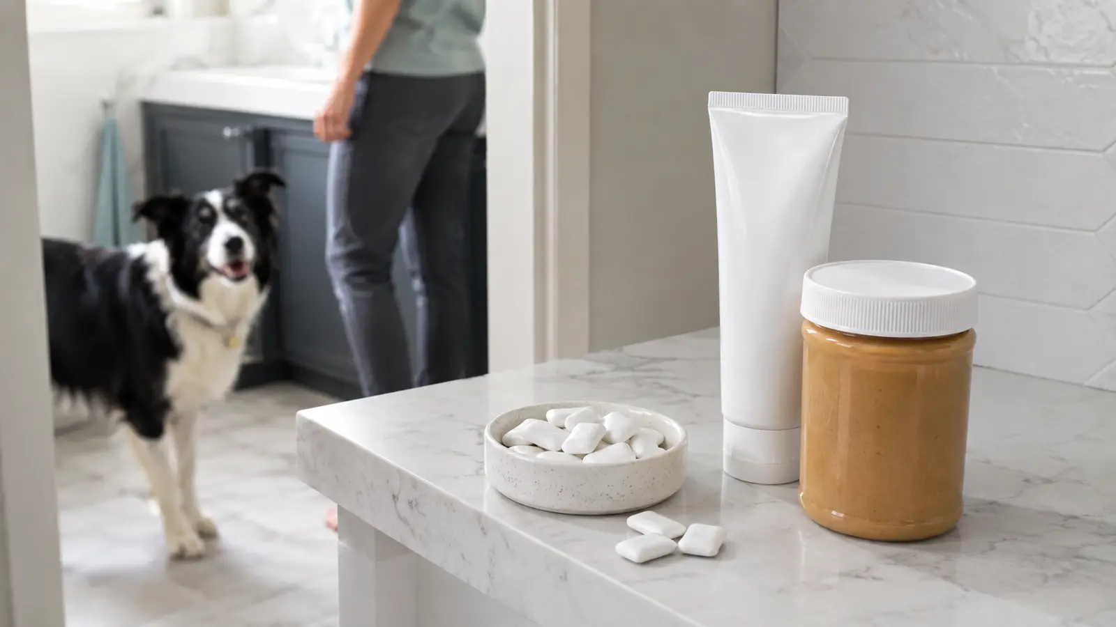 Border collie tenuto a distanza da gomme senza zucchero, dentifricio e crema di frutta secca contenenti xilitolo