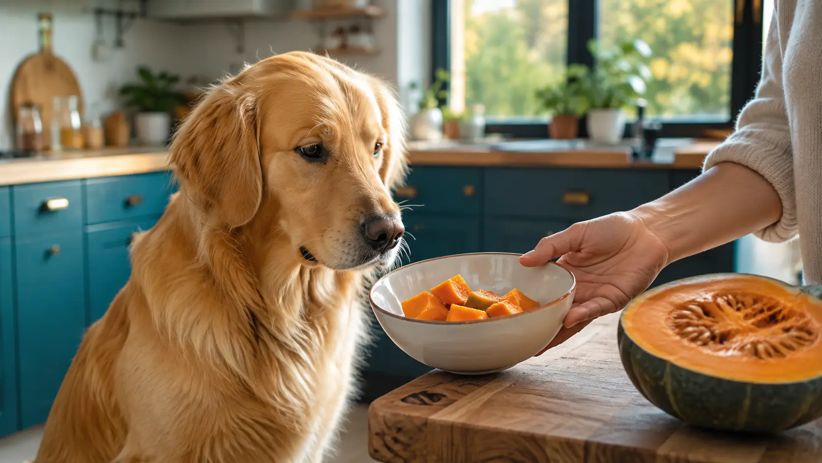 Golden Retriever davanti a una piccola porzione di zucca cotta