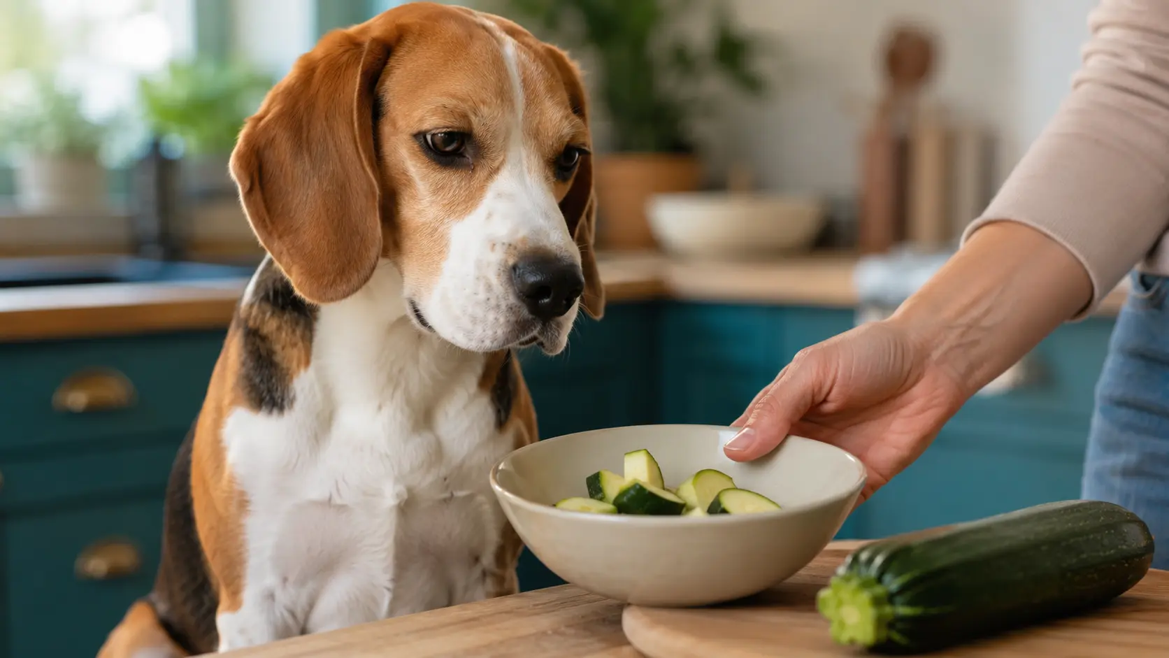 Beagle davanti a una piccola ciotola di zucchine preparate per il cane
