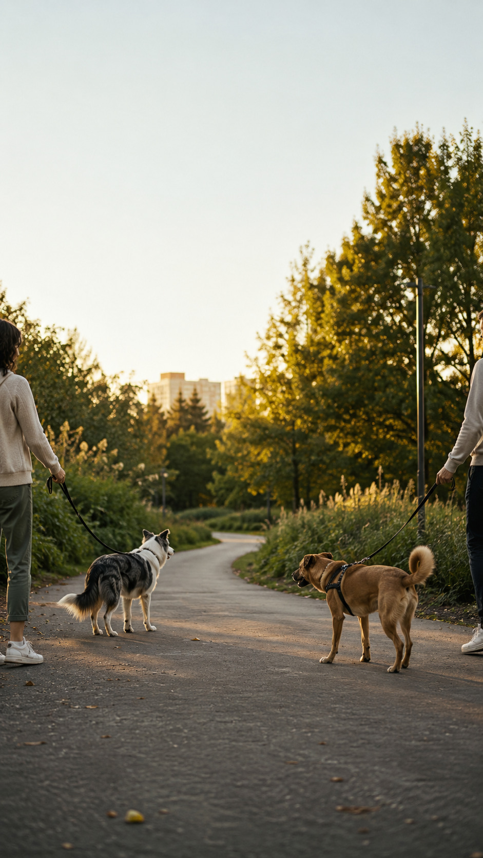Due cani mantengono una distanza tranquilla in un parco con spazio per allontanarsi