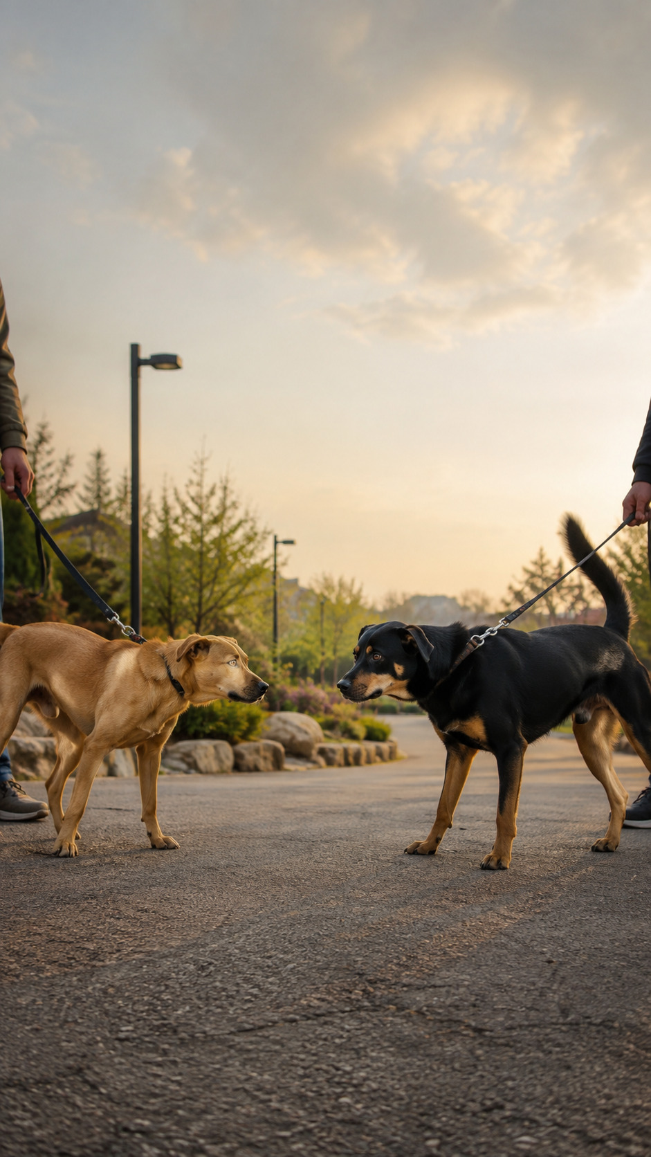 Due cani al guinzaglio si osservano con postura tesa durante un incontro frontale