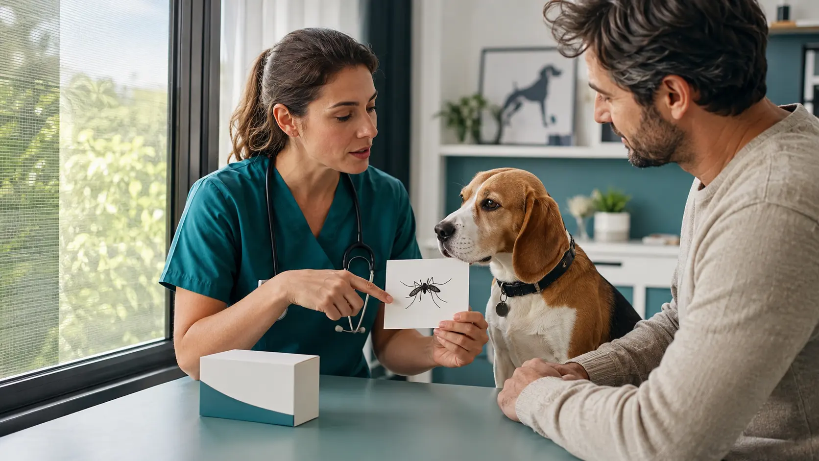 Veterinaria parla della prevenzione dalle zanzare con proprietario e cane