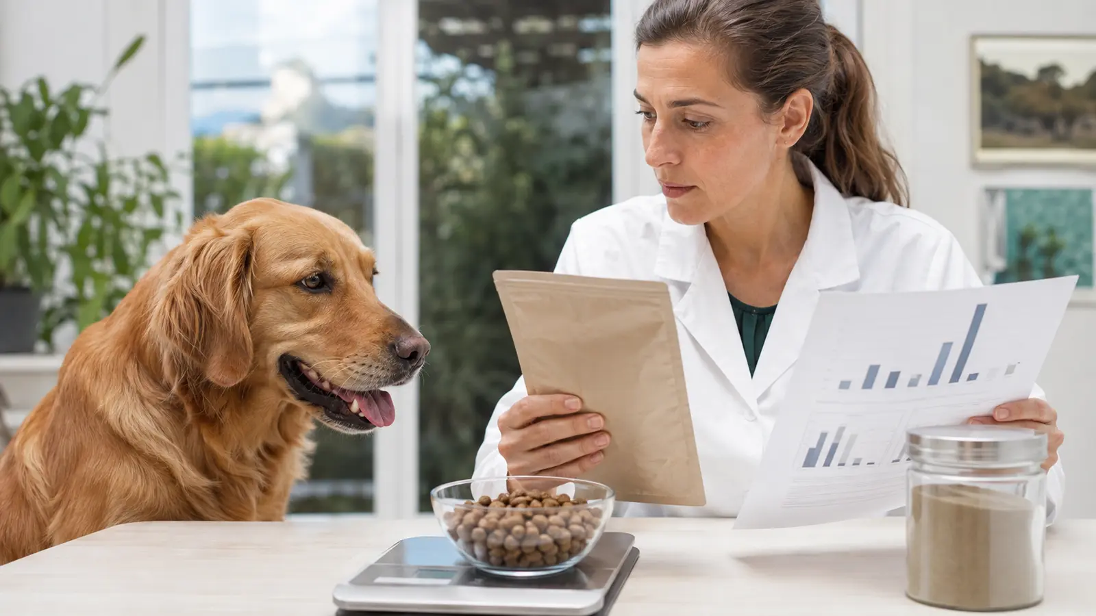 Cane con veterinaria durante l’analisi dei minerali dichiarati nelle crocchette