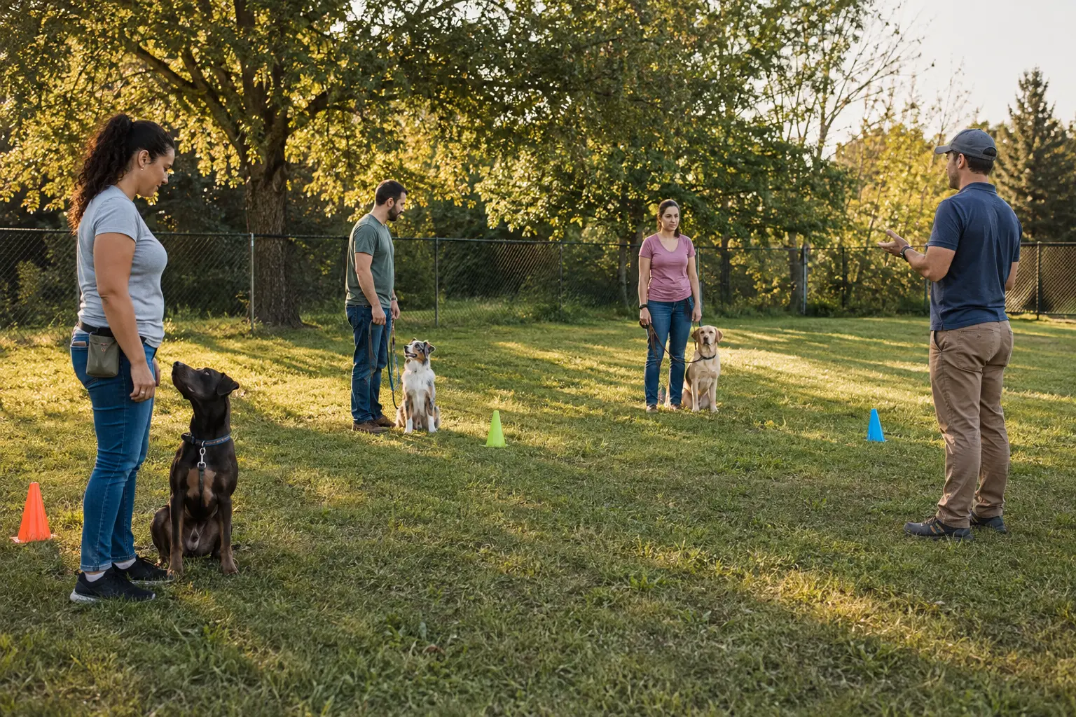 Lezione di gruppo in un centro cinofilo con cani a distanza