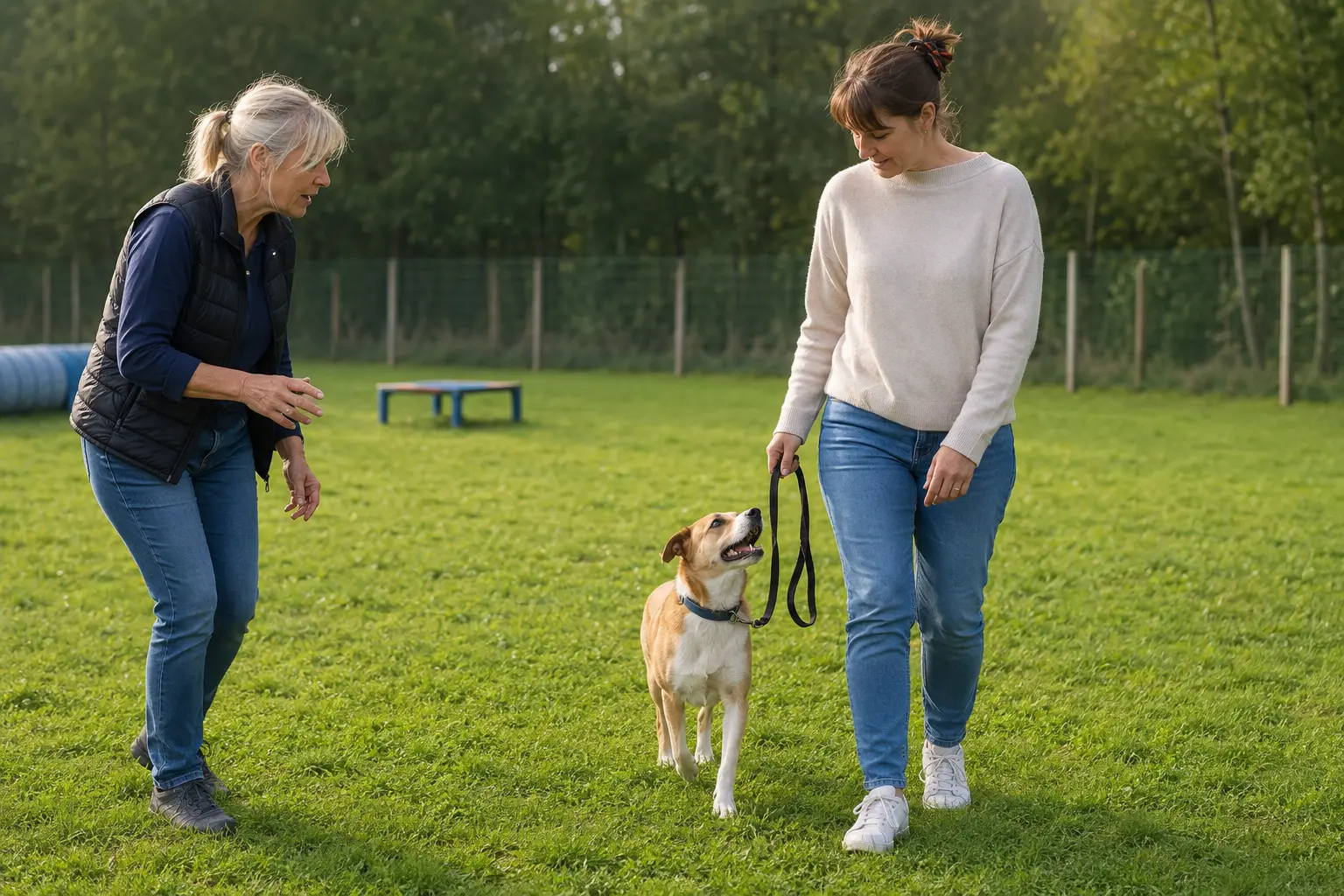 Educatrice cinofila guida cane e proprietaria in una lezione individuale al guinzaglio