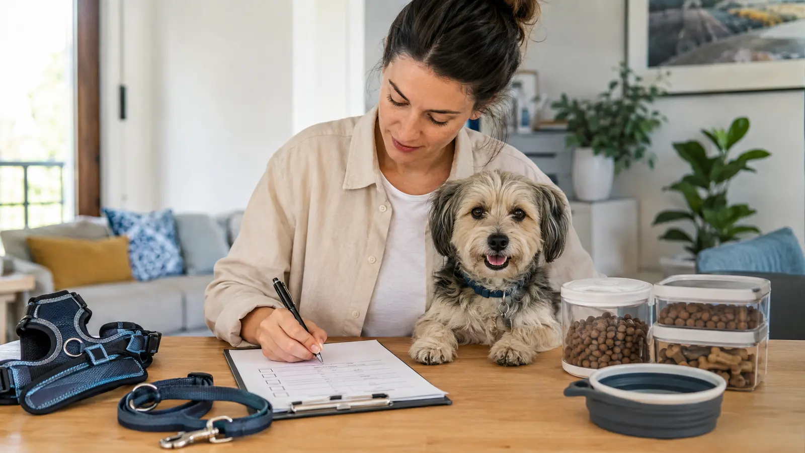 Checklist scritta accanto a guinzaglio e ciotola del cane
