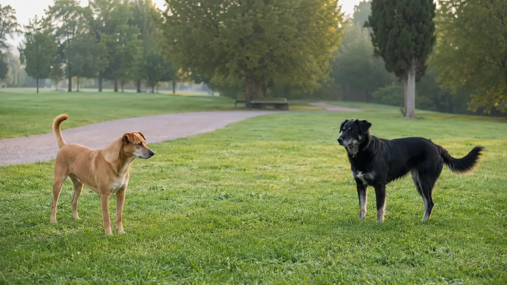 Due cani si osservano a distanza mostrando posture e code diverse