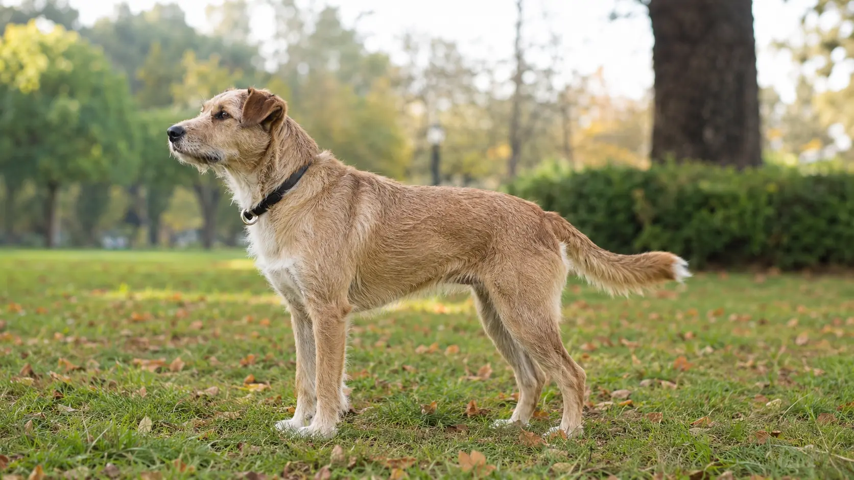 Cane adulto di profilo con la coda interamente visibile in un parco