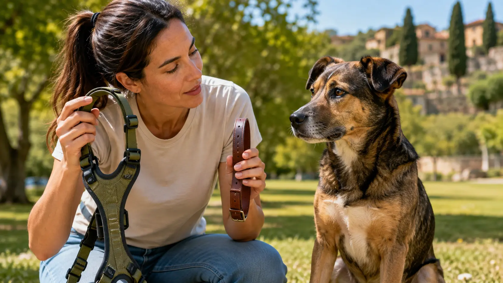 Proprietaria confronta una pettorina a Y e un collare accanto al cane