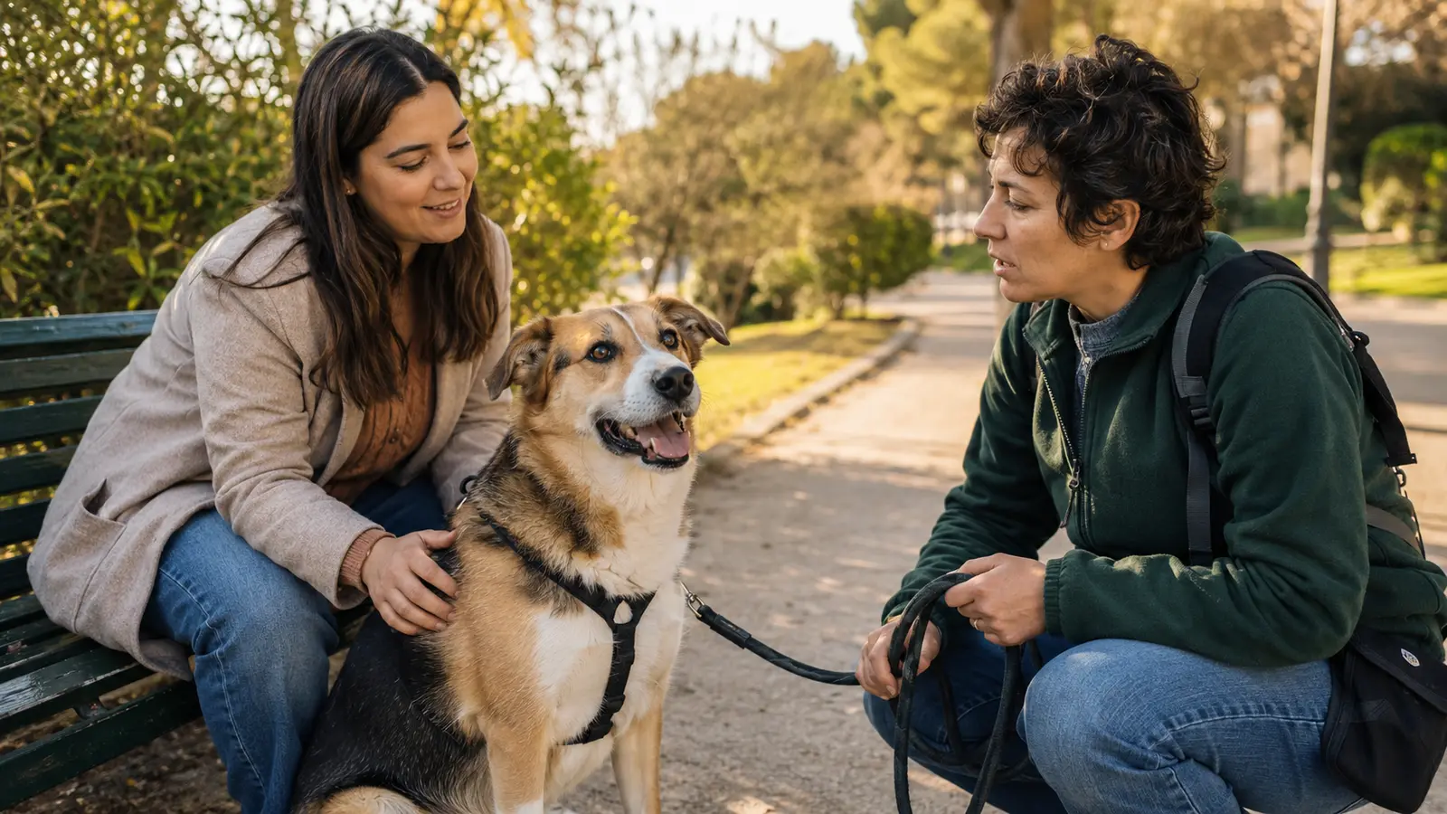 Proprietaria incontra una dog sitter con il proprio cane in un parco