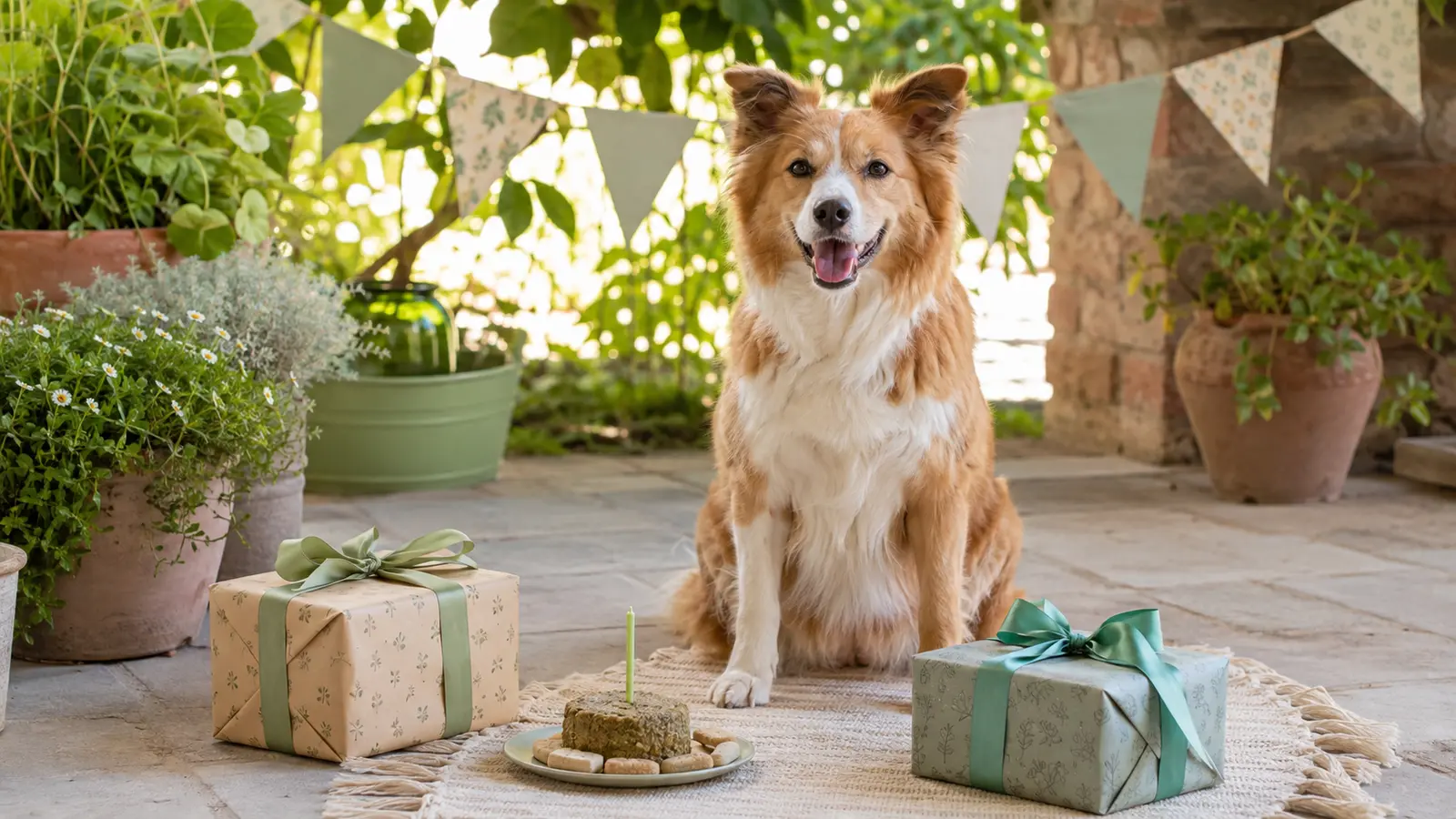 Cane felice con regali e decorazioni per il compleanno