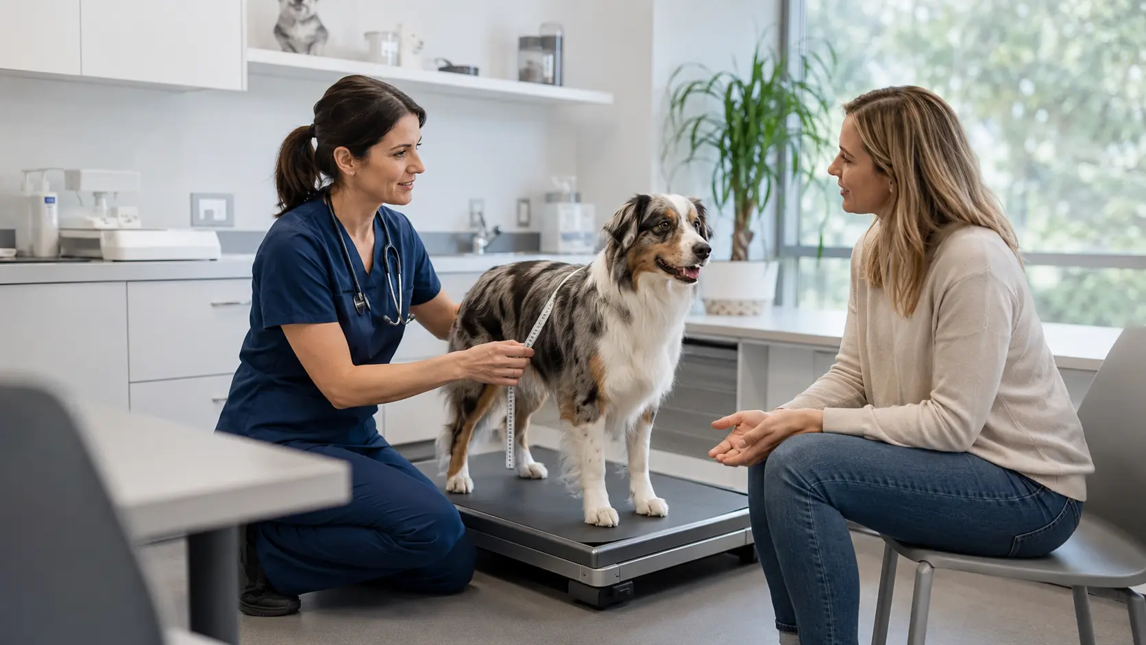 Veterinaria misura un cane durante una consulenza nutrizionale