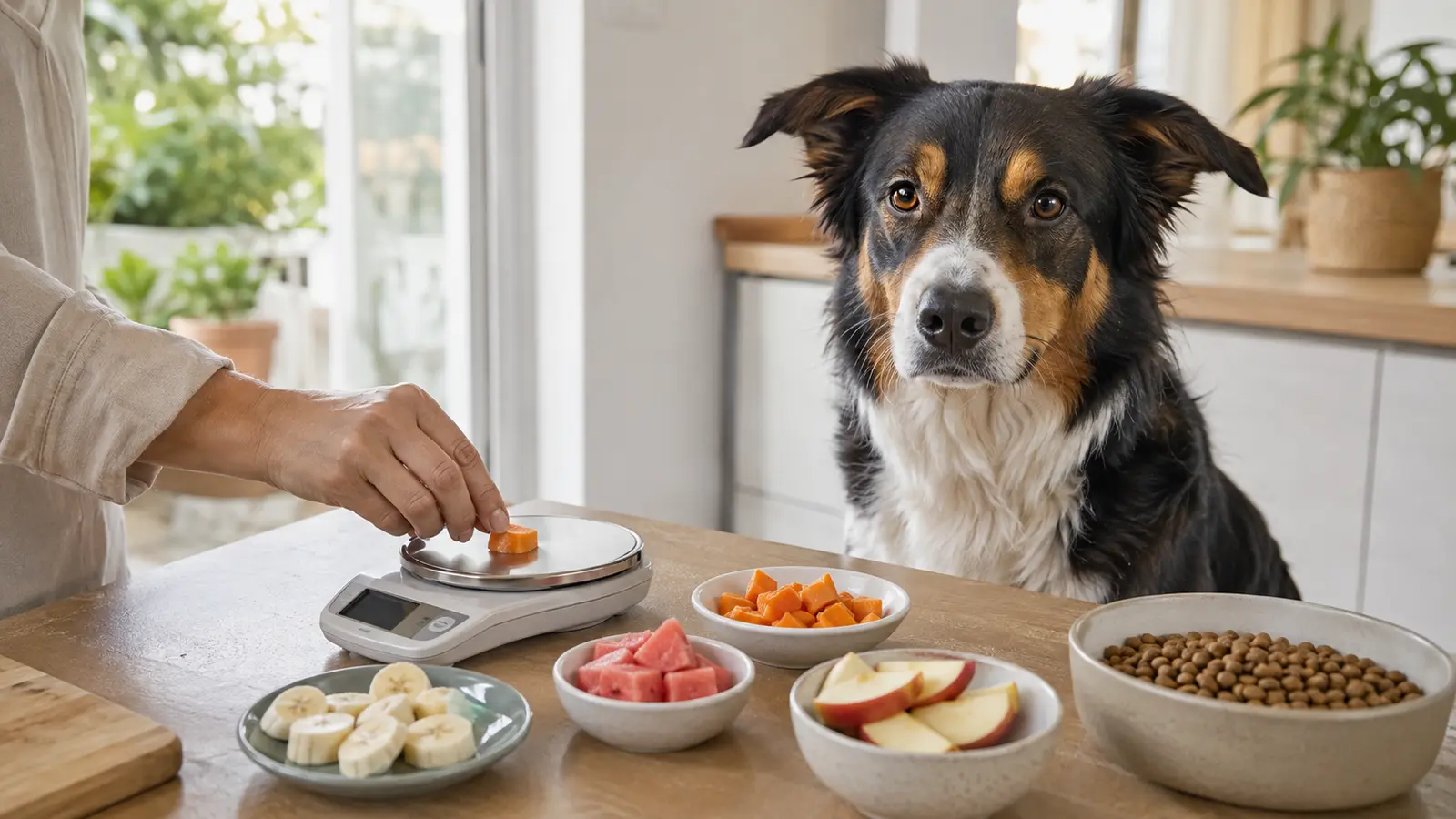 Cane davanti a piccole porzioni di alimenti compatibili mentre viene pesata una carota