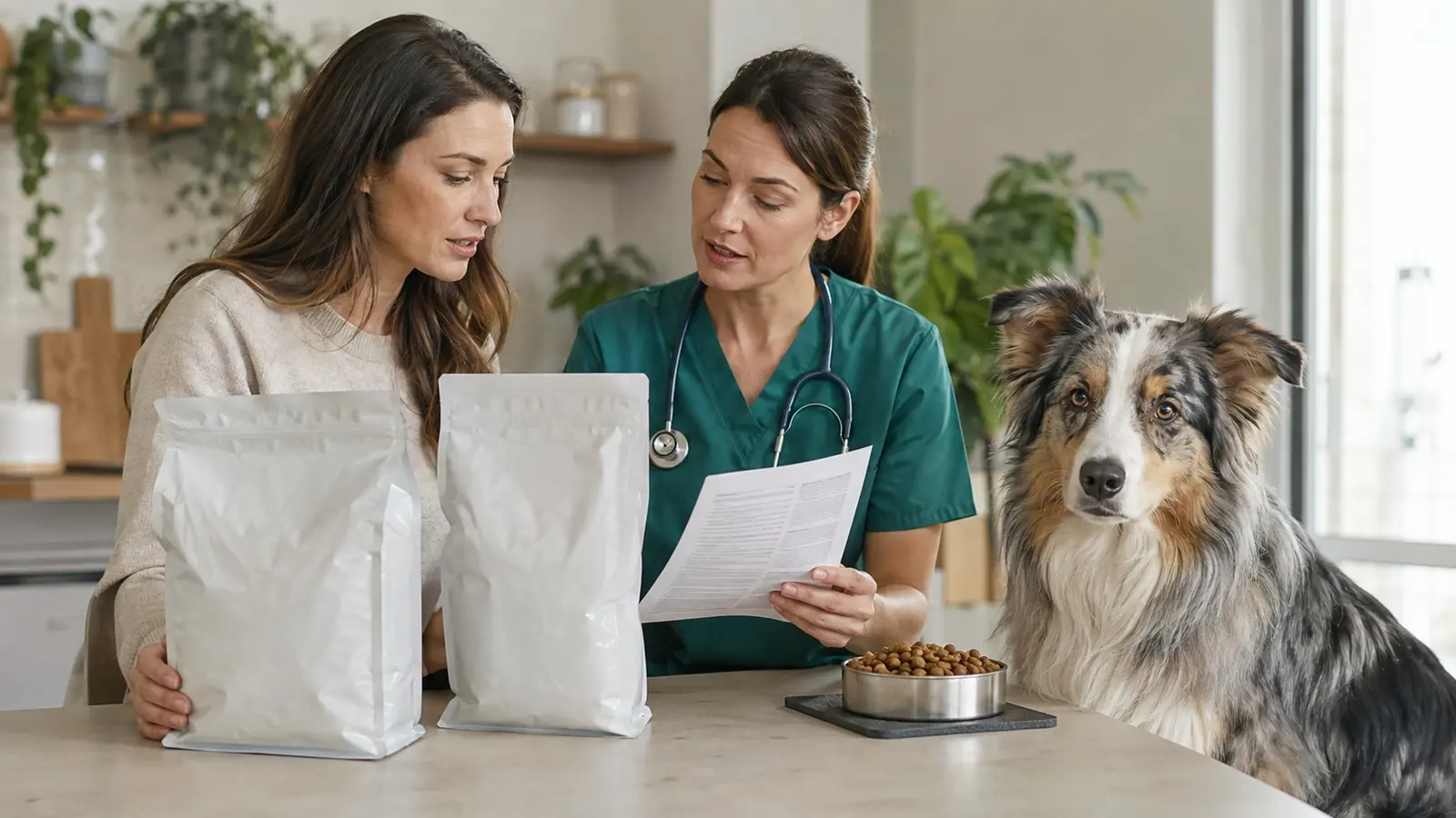 Cane con proprietaria e veterinaria durante il confronto tra crocchette monoproteiche