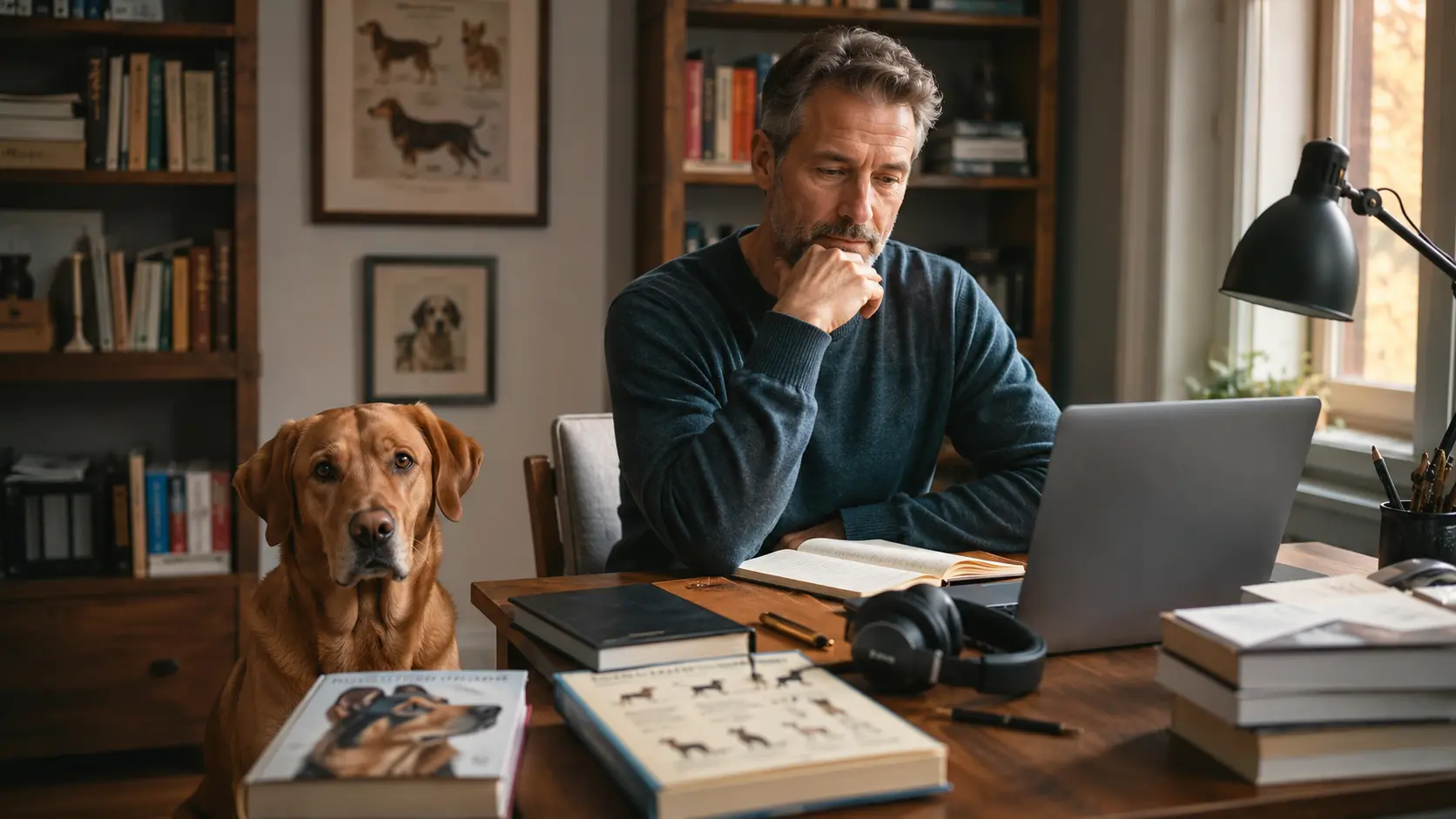 Lettore consulta libri e risorse online sul comportamento del cane