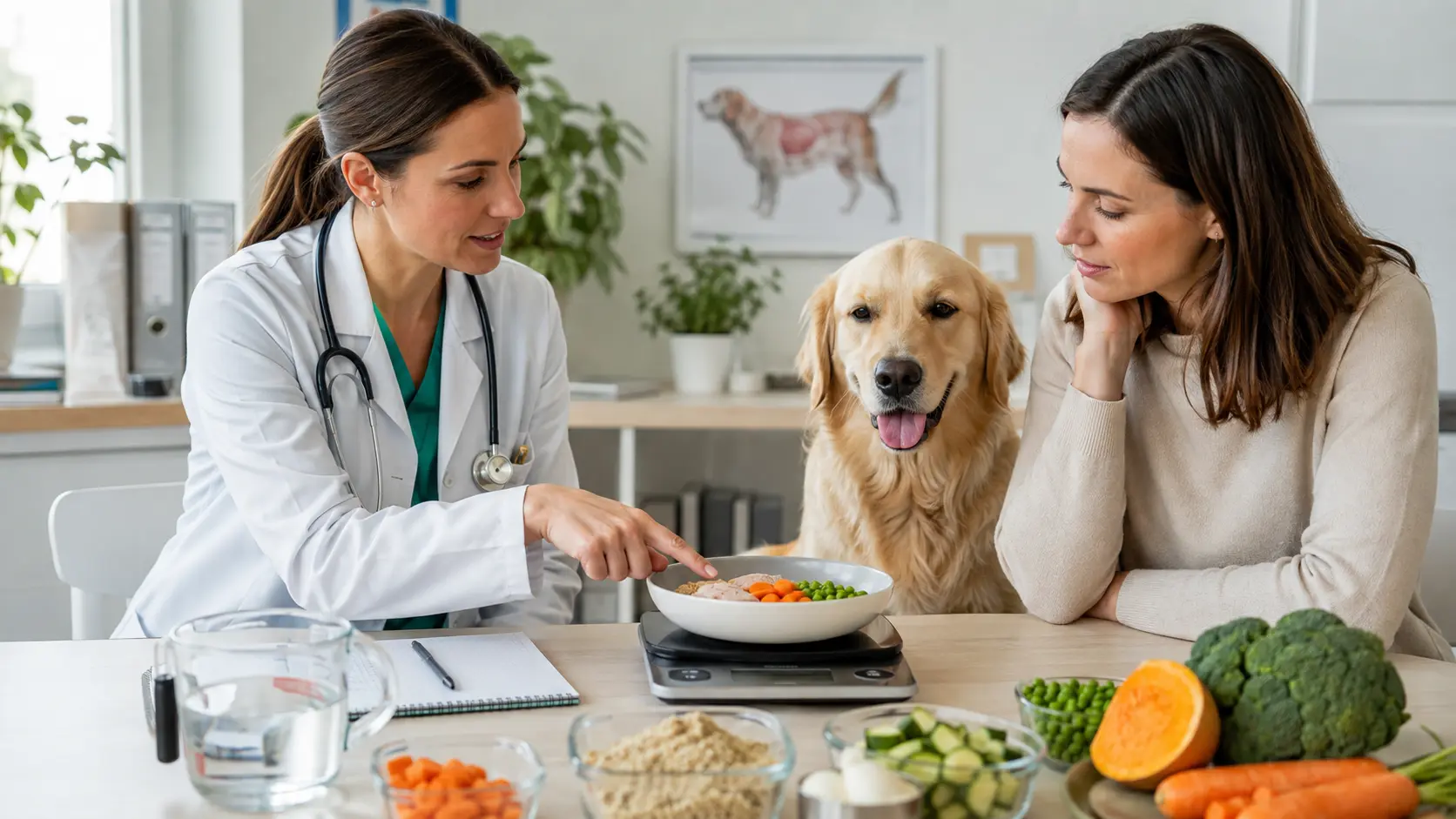 Veterinario e proprietaria valutano una dieta casalinga bilanciata per il cane