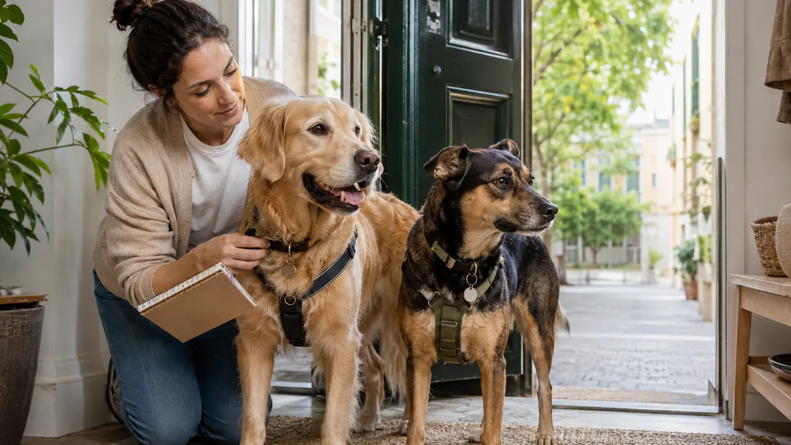 Dog sitter controlla la pettorina di due cani prima dell’uscita