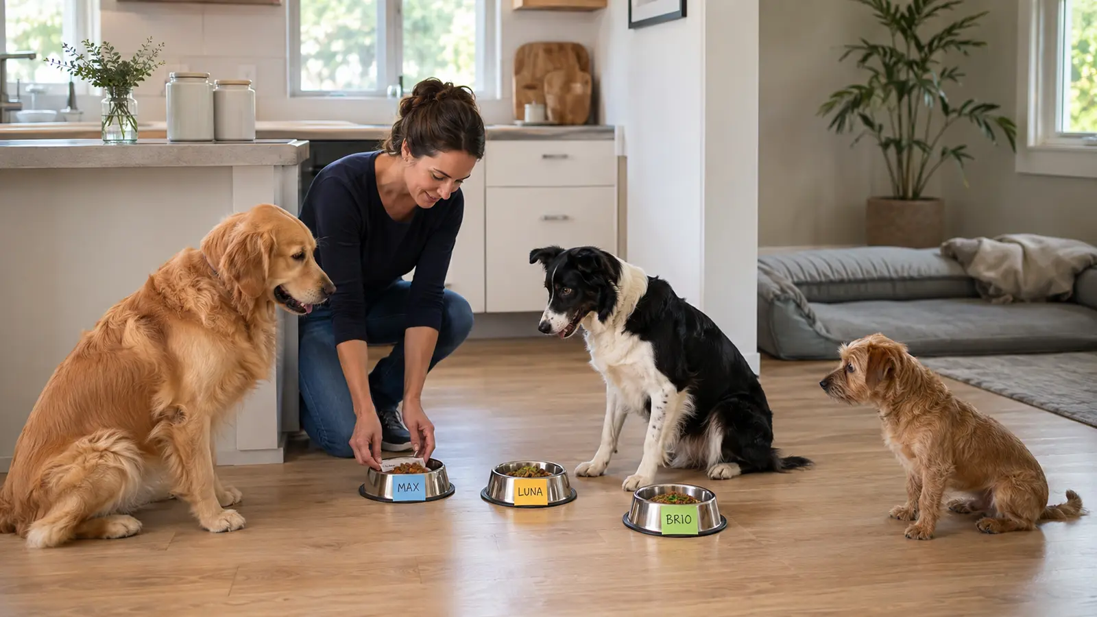 Dog sitter prepara pasti separati per tre cani nella stessa casa