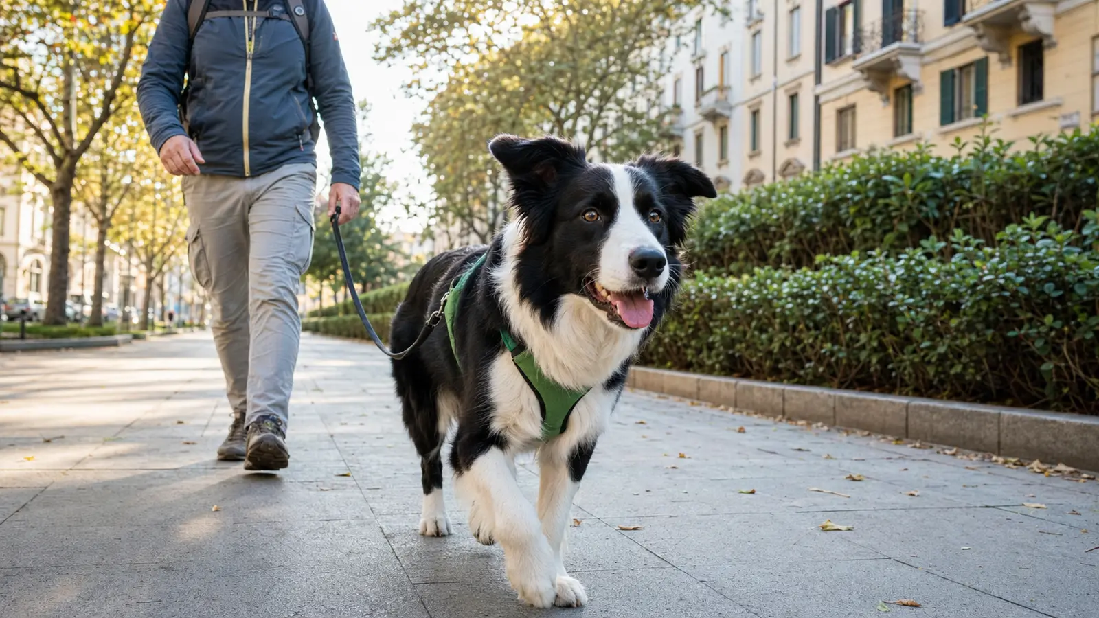 Border Collie passeggia al guinzaglio con un dog walker in città