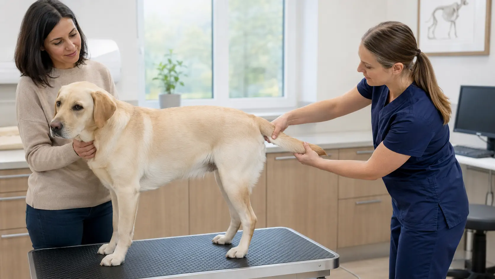 Veterinaria controlla delicatamente la coda di un Labrador