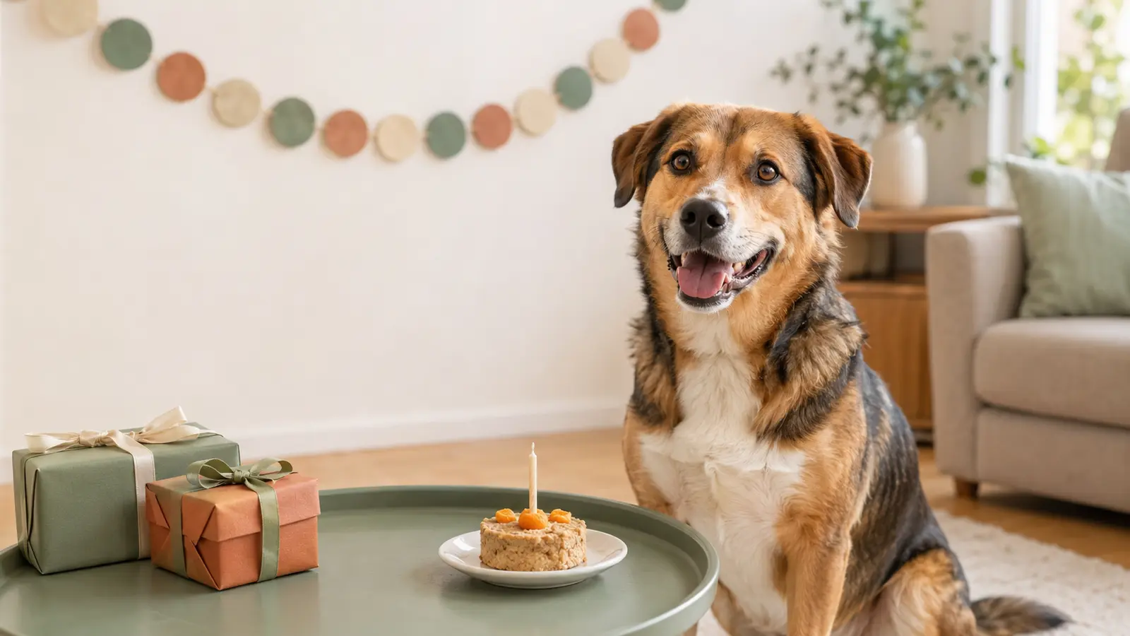 Cane felice accanto a regali e torta per il suo compleanno