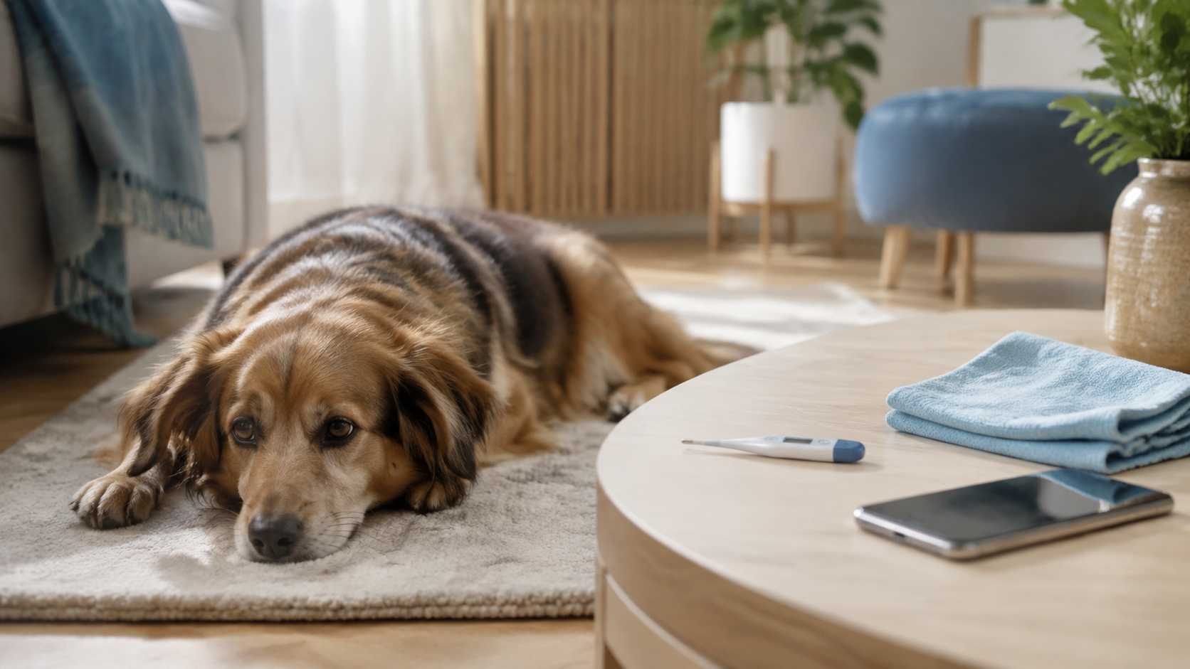 Cane a riposo accanto a un termometro digitale e a un telefono per contattare il veterinario