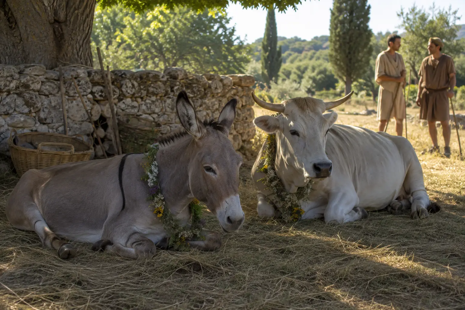 Ferragosto e animali da lavoro: asino e bue a riposo con ghirlande nelle feste romane