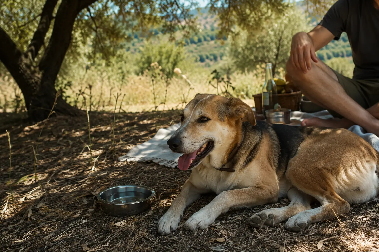 Ferragosto e animali domestici: cane che riposa all’ombra con una ciotola d’acqua