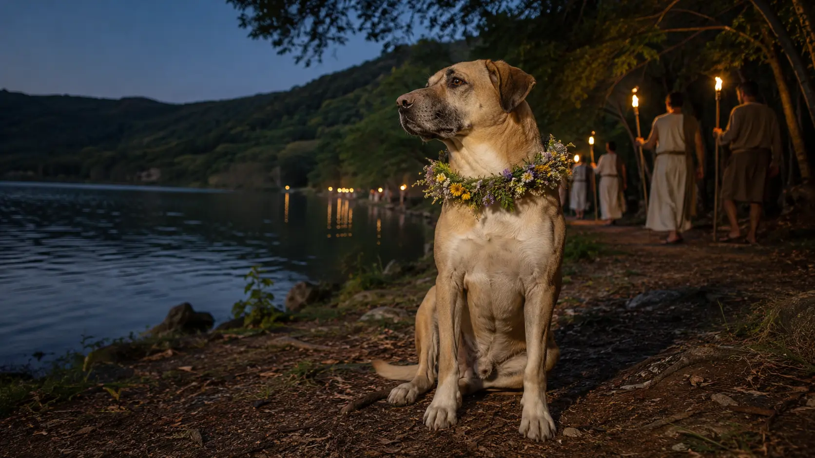 Ferragosto e animali nell’antica Roma: cane con ghirlanda durante i Nemoralia al lago di Nemi