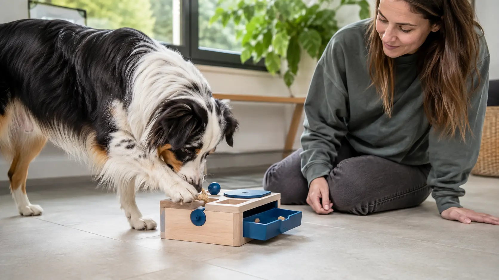 Cane interagisce con un puzzle box per attività mentali