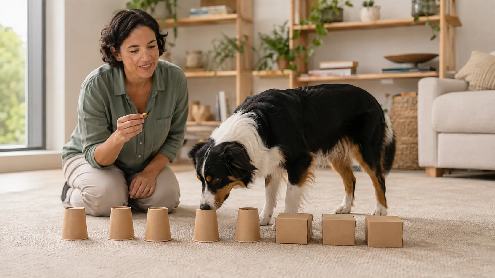 Cane svolge un gioco olfattivo con bicchieri e piccole scatole